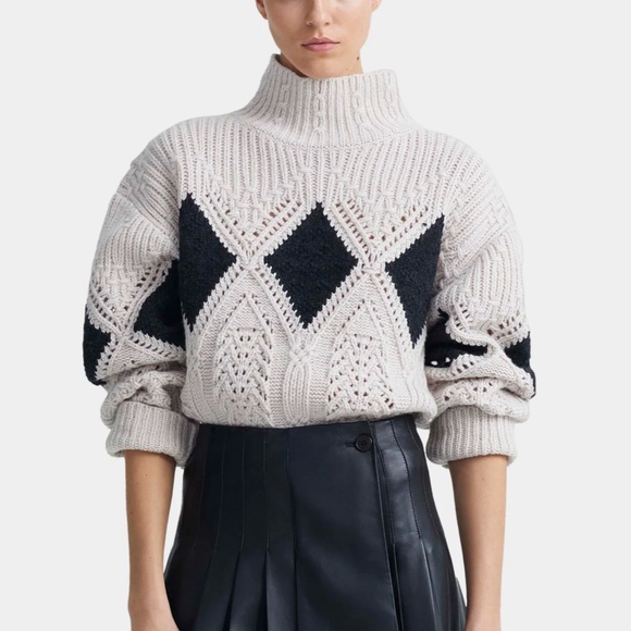 NWT Altuzarra Grady Ribbed Cable-Knit Wool Sweater Ivory/Black Pattern Quiet Lux - Picture 3 of 12